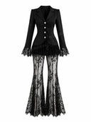 Elegant Lace Trim Blazer Top & Flared Lace Pants Two-Piece Set