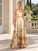 Elegant One-Shoulder Satin Crop Top & Floral Print Maxi Skirt Set
