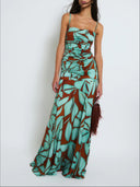 Bohemian Tropical Leaf Print Satin Maxi Dress Two-Piece Set