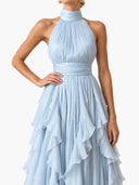 Elegant Backless Ruched Tiered Ruffle Maxi Dress