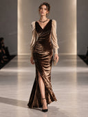Velvet Contrast Sleeve Ruched High-Slit Maxi Dress