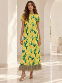 Lemon Blossom Print Feather Hem Midi Dress