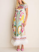 Art Nouveau Floral Feather Hem Midi Dress