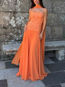 Elegant Lace Bodice Tie-Shoulder Chiffon Maxi Dress