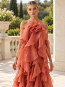 Elegant  3D Flower Ruffle Halter Maxi Dress
