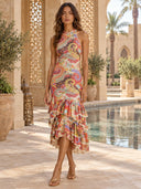 Colorful  Paisley Print Ruffled Hem Halter Midi Dress