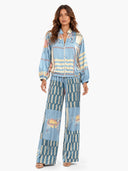 Casual Artistic Print Zip-Up Shirt & Wide-Leg Pants Two-Piece Set