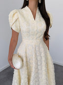 Elegant Floral Textured Puff Sleeve Midi Dress