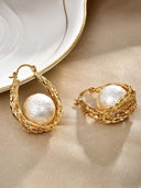 Pearl Drop Woven Gold Hoop Earrings
