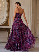 Elegant Abstract Print Ruched Spaghetti Strap Maxi Dress