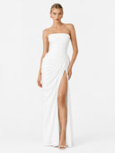 Strapless Pleated Slit Maxi Dress