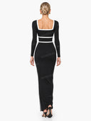 Elegant Black And White Trim Square Neck Long Sleeve Tight Maxi Dress