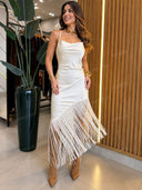 Elegant Ivory Fringe Cowl Neck Midi Dress