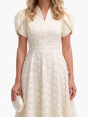 Elegant Floral Textured Puff Sleeve Midi Dress