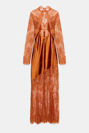 Sexy Lace-Trim Satin Long-Sleeve Maxi Dress