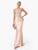 Elegant Blue Embroidery Satin Crew Neck Sleeveless Sheath Maxi Dress