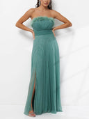 Elegant Feather Trim Shimmer Strapless Maxi Dress