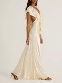 Elegant Plunge V-Neck Ruffle Satin Maxi Dress