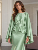 Satin Cape Sleeve Peplum Mermaid Maxi Dress Set