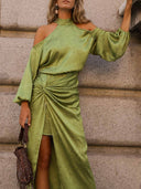 Elegant Satin Off-Shoulder Twist Front Slit Maxi Dress