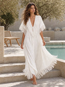Casual V-Neck Fringe Flowing Maxi Dress