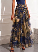 Elegant High Neck Satin Floral Chiffon Maxi Dress