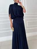Elegant High Neck Pleated Cape Sleeve Maxi Dress