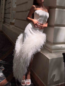 Elegant Strapless Feather Trim High Slit Satin Party Maxi Dress