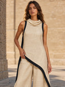 Color Contrast Design Irregular Hem Top And Wide Leg Pants Set