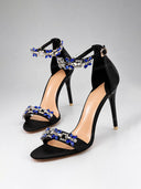 Rhinestone Embellished Ankle Strap High Heel Sandals