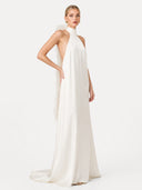 Elegant Satin Halter Feather-Trim Maxi Dress