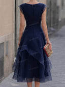 Elegant Organza Pleated Waist Ruffle Midi Dress