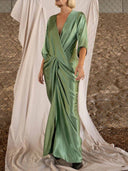 Elegant Satin Deep V Wrap Twist Front Maxi Dress