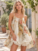 Exquisite Floral Print Organza Lace-Trim Mini Dress