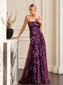Elegant Abstract Print Ruched Spaghetti Strap Maxi Dress