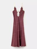 Elegant Satin Lace-Trim Deep V-Neck Midi Dress
