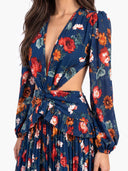 Elegant Navy Floral Print Cutout Maxi Dress