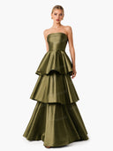 Elegant Strapless Tiered Ruffle Satin Maxi Dress