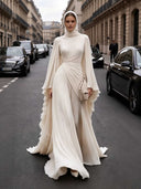 Elegant Pleated High-Neck Cape Sleeve Chiffon Maxi Dress