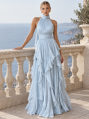 Elegant Backless Ruched Tiered Ruffle Maxi Dress