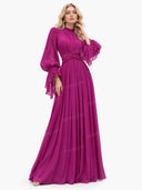 Elegant Pleated Flowy Long-Sleived Maxi Dress