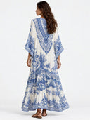 Refined Porcelain Print V-Neck Kaftan Maxi Dress