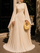 Elegant Pleated High-Neck Cape Sleeve Chiffon Maxi Dress