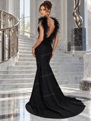 Elegant Feather Trim Mermaid Evening Maxi Dress