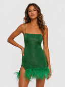 Sexy Spaghetti Strap Feather Trim Mini Dress