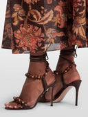 Wood Beaded Ankle-Wrap Stiletto Heeled Sandals
