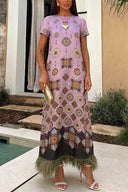 Boho Baroque Print Feather Trim Maxi Dress