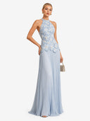 Elegant Halter Neck 3D Floral Appliqué Ruched Maxi Dress