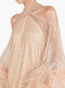Luxury Sequined Feather Trim Cape Sleeve Maxi Dress