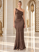 Elegant One Shoulder Neck Pleated Party Maxi Dress